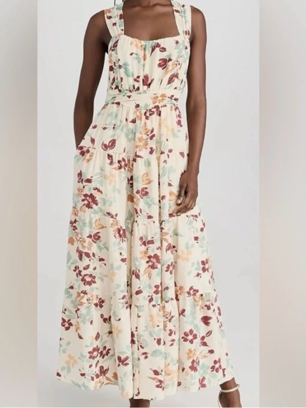 Moon River Cream Floral Tiered Maxi Dress with Burgundy & Mint Accents